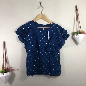 NWT J. Crew Ruffle Flutter Sleeve Metallic Polka Dot Top - foil Indigo Silver